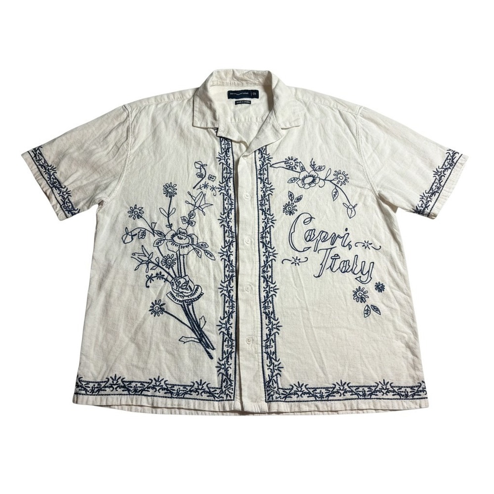 Abercrombie & Fitch XL Cream Capri Italy Embroidered Linen Blend Camp Collar - Picture 2 of 8